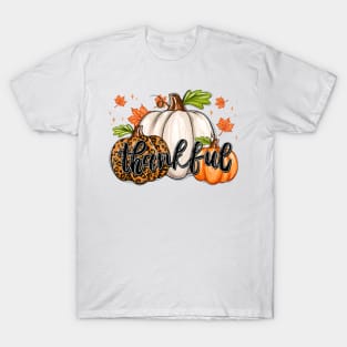 Thankful Leopard Pumpkin Thanksgiving Family Holiday Fall Season Autumn T-Shirt